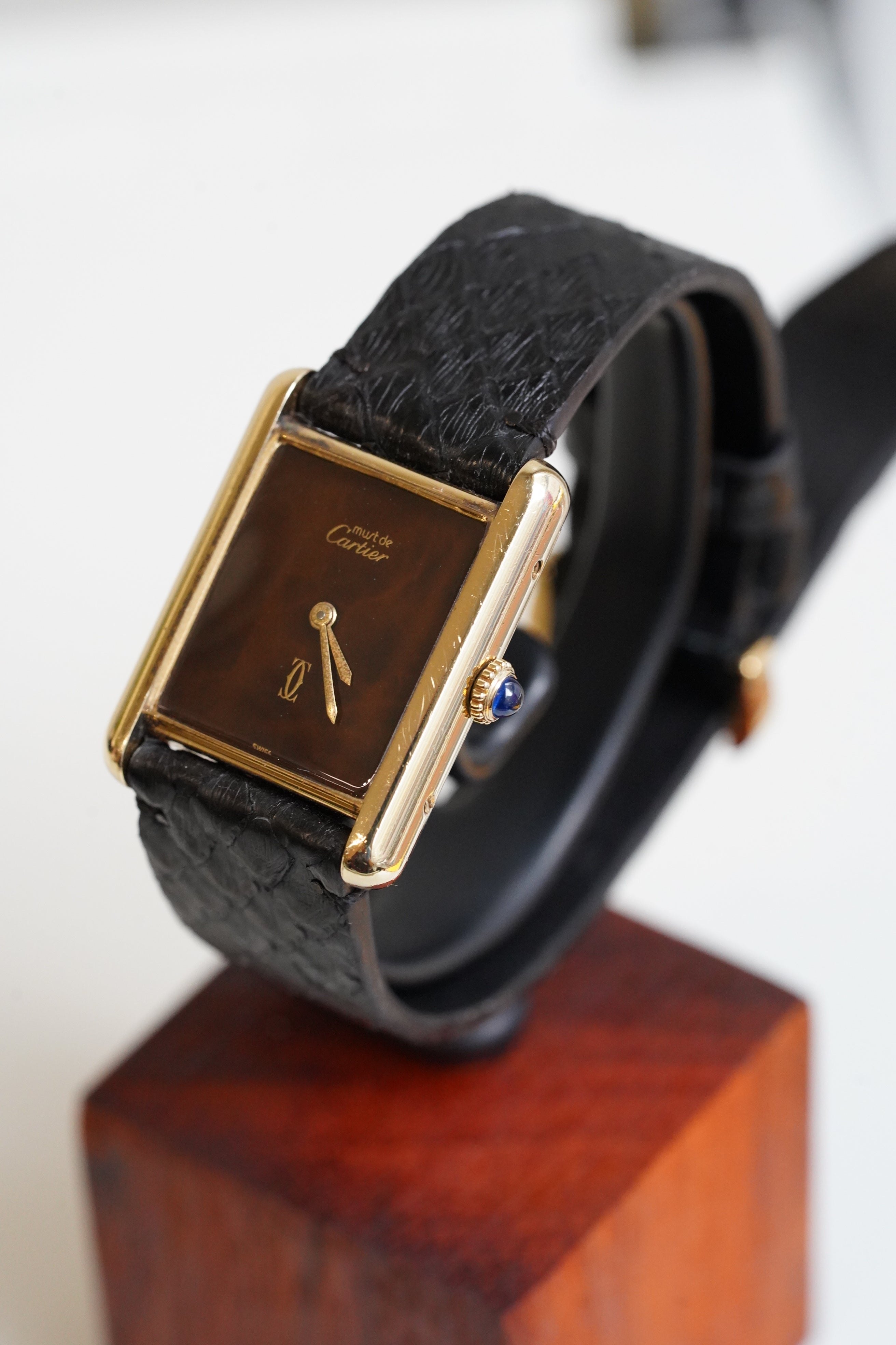Cartier Vintage Tank Must Vermeil Gold Plated Silver  / Wood Dial
